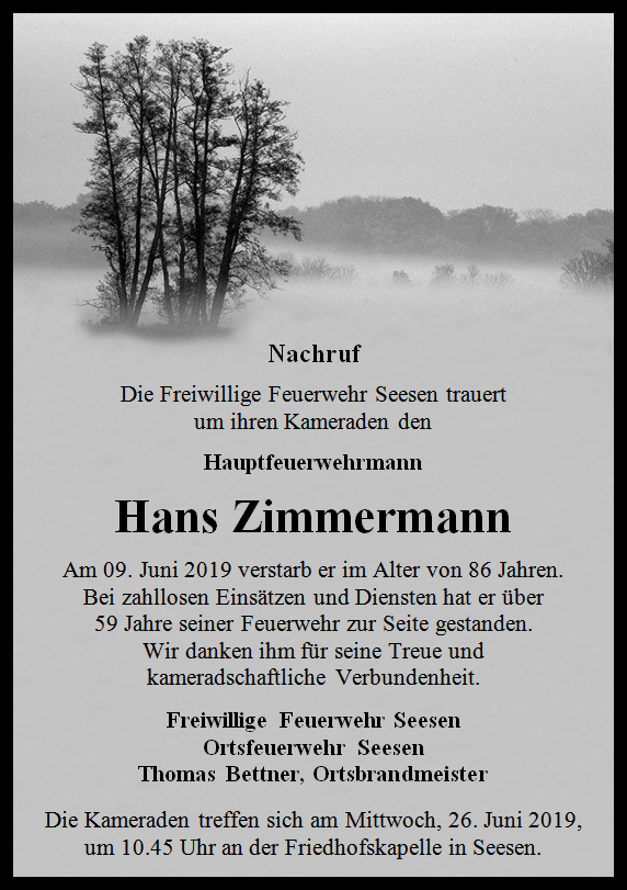 Nachruf Hans Zimmermann