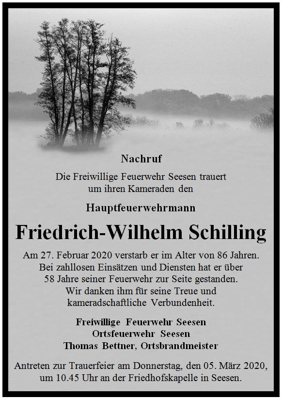 Nachruf Friedrich Wilhelm Schilling